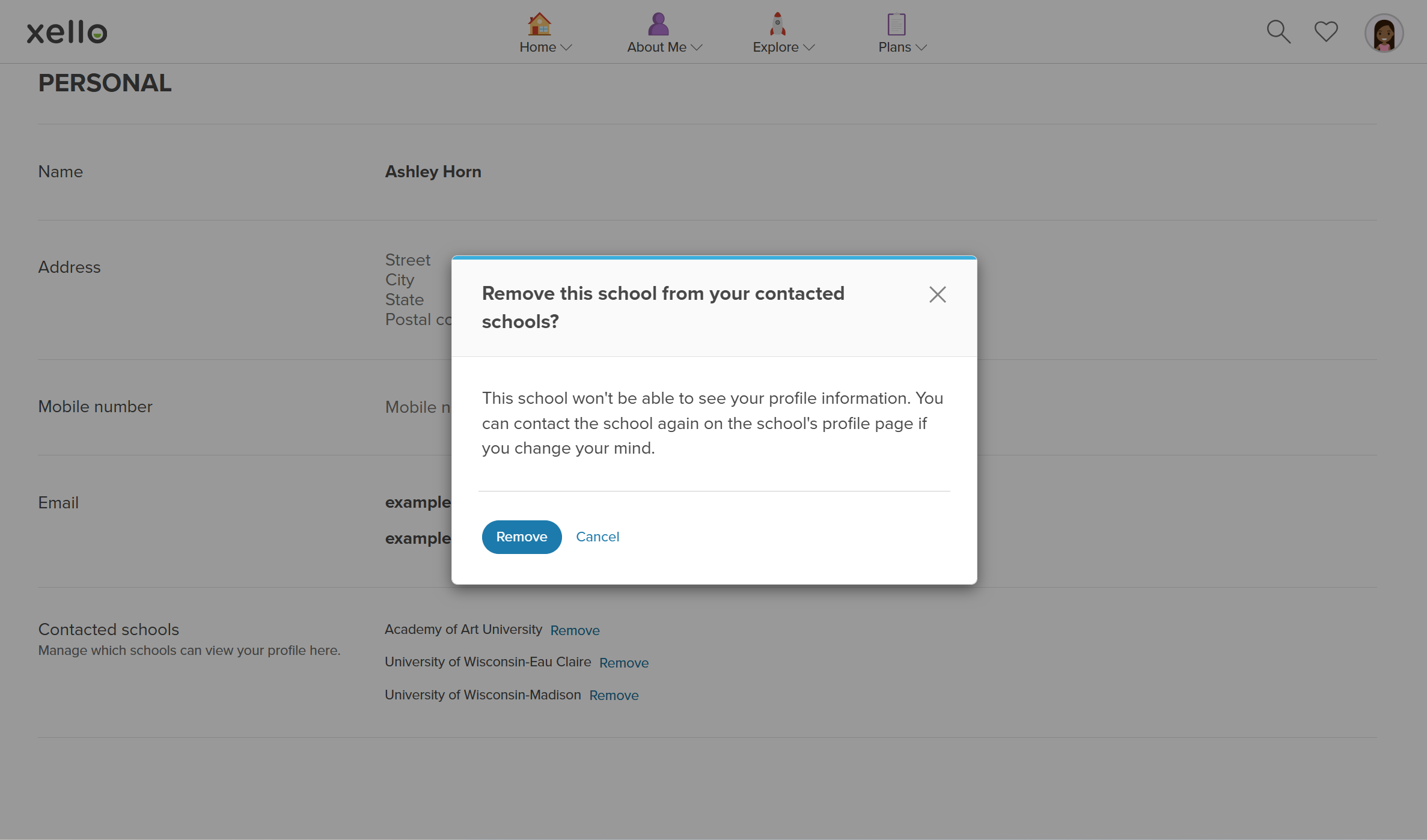 The student is removing a school from their list of contacted schools. The modal is confirming the student wants to remove the school.